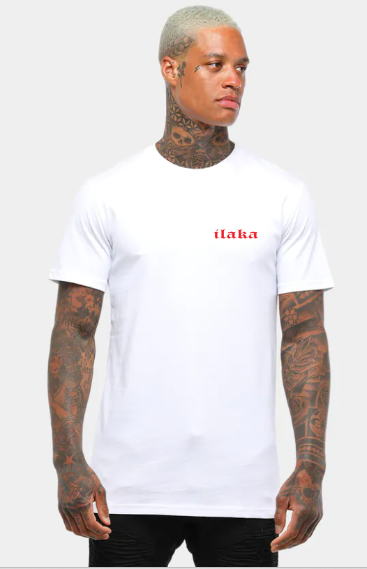 White tee store with red writing